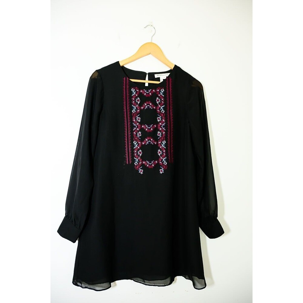 BCBGeneration M Black Embroidered Dress witchy goth Fairy Lined Sheer long sleev